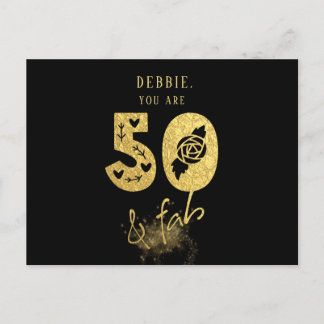 Glamour Virtual Black and Gold 50 & Fab Geburtstag Einladungspostkarte