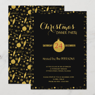 Glamour Weihnachtsskriptmuster Gold schwarz Einladung