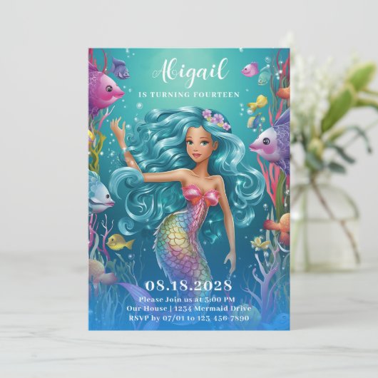 Glamour Whimsical Mermaid unter dem Meer Geburtsta Einladung (Stehend Vorderseite)
