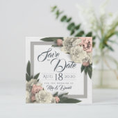 Glamour White and Peach Floral Peonys Save The Date (Stehend Vorderseite)