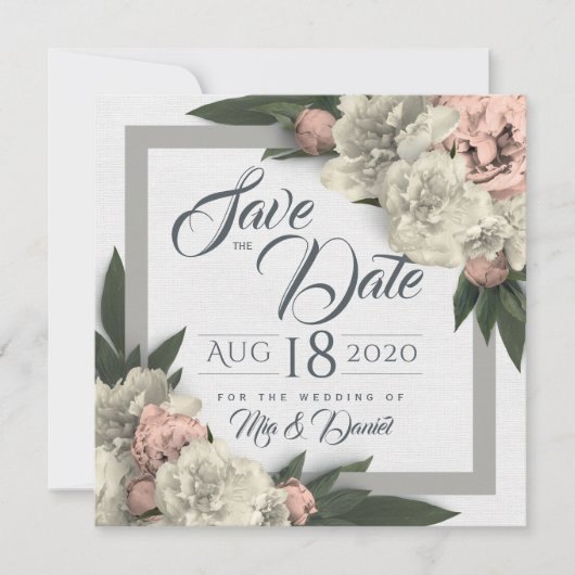 Glamour White and Peach Floral Peonys Save The Date (Vorderseite)