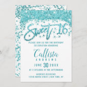 Glamour White Aqua Blue Glitzer Dust Sweet 16 Einladung (Vorne/Hinten)