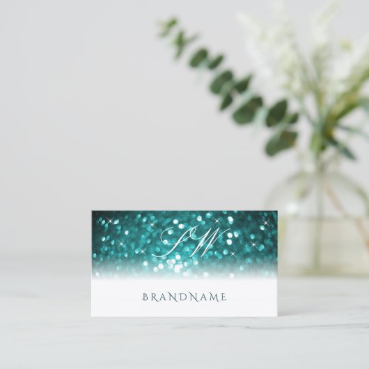 Glamour White Aquamarin Sparkling Glitzer Monogram Visitenkarte (Stehend Vorderseite)
