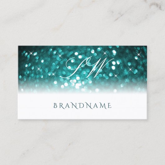 Glamour White Aquamarin Sparkling Glitzer Monogram Visitenkarte (Vorderseite)