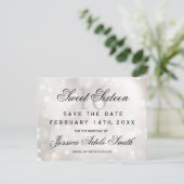 Glamour White Glitzer Sweet 16 Save the Date Postkarte (Stehend Vorderseite)