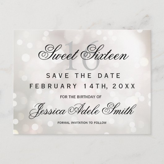 Glamour White Glitzer Sweet 16 Save the Date Postkarte (Vorderseite)
