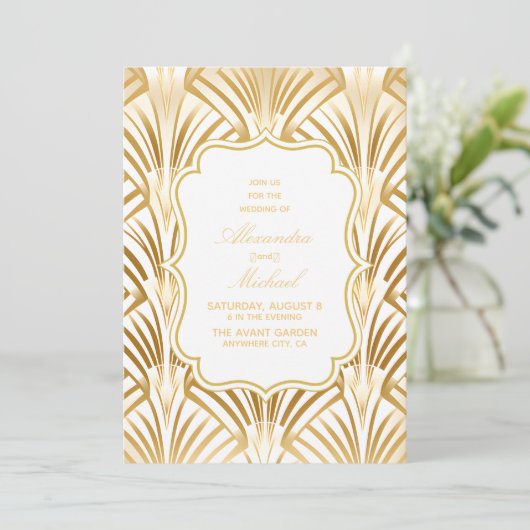 Glamour White Gold Art Deco Hochzeit Einladung (Stehend Vorderseite)