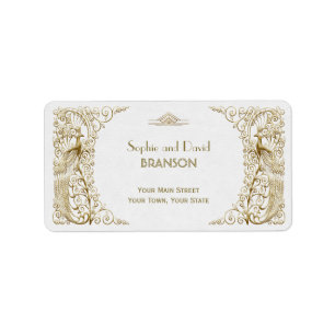 Glamour White Gold Art Deco Peacocks Hochzeit Adressaufkleber