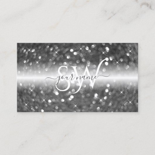 Glamour White Silver Sparkling Glitzer Initials Visitenkarte (Vorderseite)