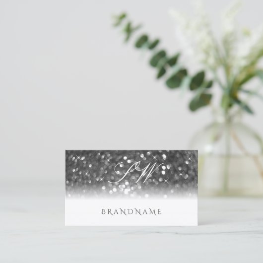 Glamour White Silver Sparkling Glitzer Monogram Visitenkarte (Stehend Vorderseite)