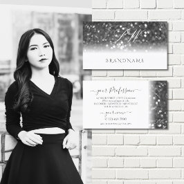 Glamour White Silver Sparkling Glitzer Monogram Visitenkarte