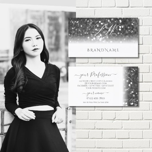 Glamour White Silver Sparkling Glitzer Monogram Visitenkarte