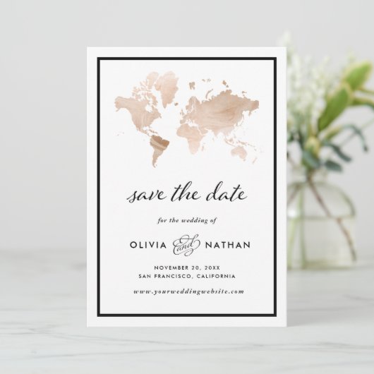 Glamour World Map | Elegante Hochzeit zum Thema Re Save The Date (Stehend Vorderseite)