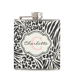 Glamour Zebra Leopard Custom Monogram Flask Flachmann