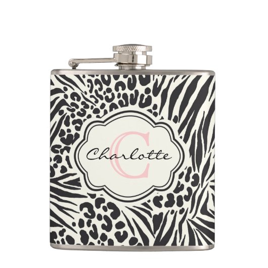Glamour Zebra Leopard Custom Monogram Flask Flachmann (Vorderseite)