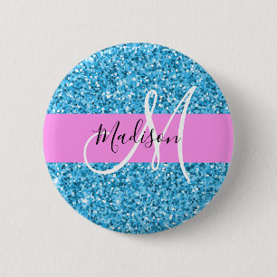 Glamourös Himmelblau Rosa Glitter Funkeln Name Mon Button