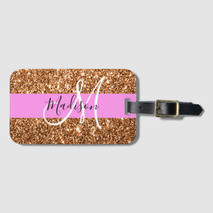 Glamourös Pink & Kupfer Glitter Funkeln Monogramm Gepäckanhänger