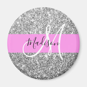 Glamourös Pink & Silber Glitter Funkeln Monogramm Magnet
