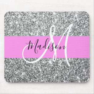 Glamourös Pink & Silber Glitter Funkeln Monogramm Mousepad
