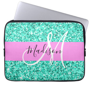 Glamourös Pink Türkis Glitter Funkeln Monogramm Na Laptopschutzhülle