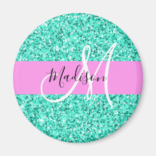 Glamourös Pink Türkis Glitter Funkeln Monogramm Na Magnet