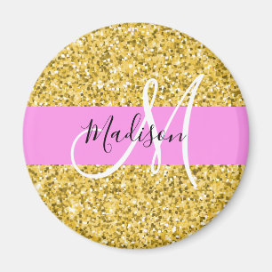 Glamourös Pink und Gold Glitter Funkeln Monogramm  Magnet