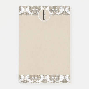 Glamourös Rustikales Jute Damast Kraft Monogramm I Post-it Klebezettel