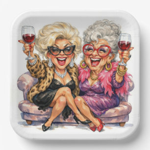 Glamouröse alte Damen mit Rotwein Pappteller