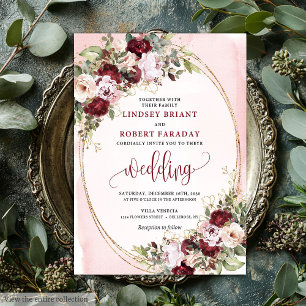 Glamouröse Boho-Burgunder-Rosa-Goldrosen-Hochzeit Einladung