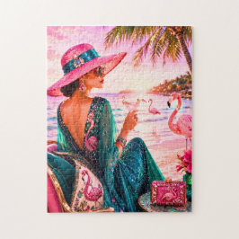 Glamouröse Dame auf flamingofarbenem tropischem St Puzzle