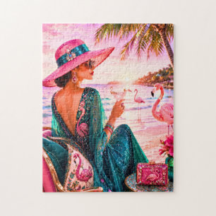 Glamouröse Dame auf flamingofarbenem tropischem St Puzzle