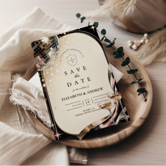Glamouröse Disco-Retro-Hochzeit Save The Date