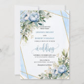 Glamouröse Dusty Blue Gold Floral Wedite Einladung (Vorderseite)