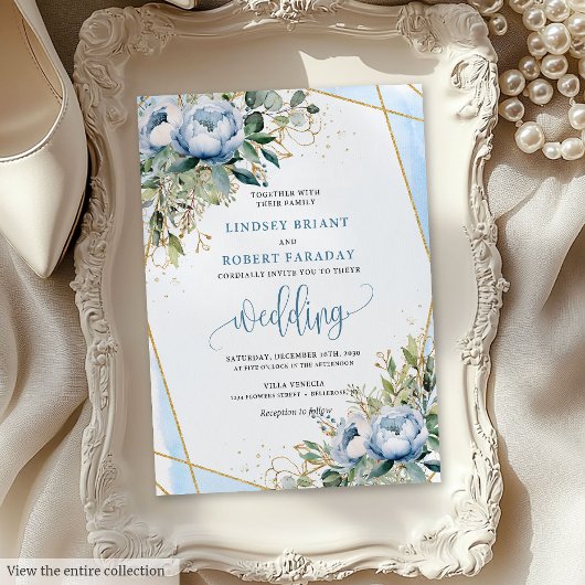 Glamouröse Dusty Blue Gold Floral Wedite Einladung