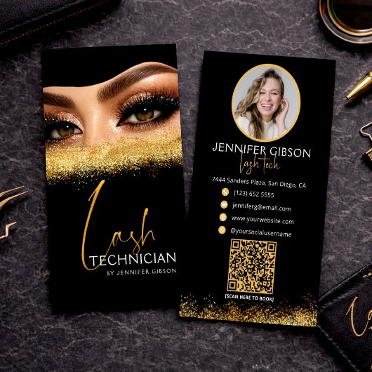 Glamouröse Gold & Black Lash Tech QR Code Visitenkarte