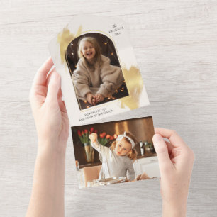 Glamouröse Gold-Schwünge & Bogen-Feiertagsfoto All In One Einladung