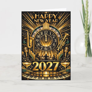 Glamouröse Goldene Art Deco Neujahrs-Jazz-Feier Feiertagskarte