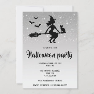 Glamouröse Hexe mit Silber und schwarzem Halloween Einladung