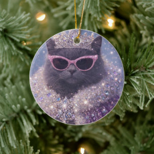 Glamouröse Königin-Katze funkelndes Fantasy-Porträ Keramik Ornament