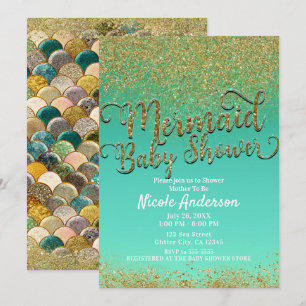 Glamouröse Meerjungfrau-Baby-Party Gold Glitter &  Einladung