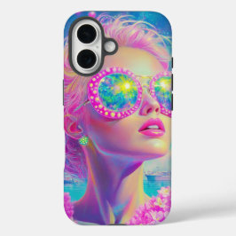 Glamouröse Neonfrau mit funkelnder Brille iPhone 16 Hülle