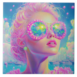 Glamouröse Neonfrau mit funkelnder Brille Fliese