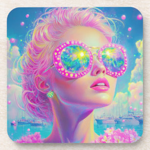 Glamouröse Neonfrau mit funkelnder Brille Getränkeuntersetzer