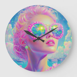 Glamouröse Neonfrau mit funkelnder Brille Große Wanduhr