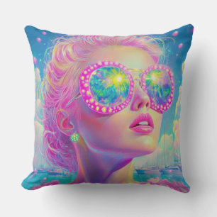 Glamouröse Neonfrau mit funkelnder Brille Kissen
