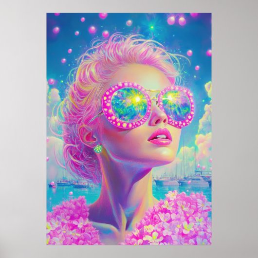 Glamouröse Neonfrau mit funkelnder Brille Poster (Vorne)