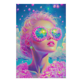 Glamouröse Neonfrau mit funkelnder Brille Poster