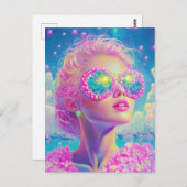 Glamouröse Neonfrau mit funkelnder Brille Postkarte (Vorne/Hinten)