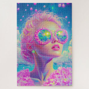 Glamouröse Neonfrau mit funkelnder Brille Puzzle