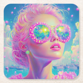 Glamouröse Neonfrau mit funkelnder Brille Rechteckiger Pappuntersetzer